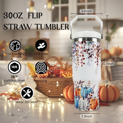 30oz Fall Tumbler with Handle & Flip Straw - White Blue Pumpkin & Maple Leaf Design