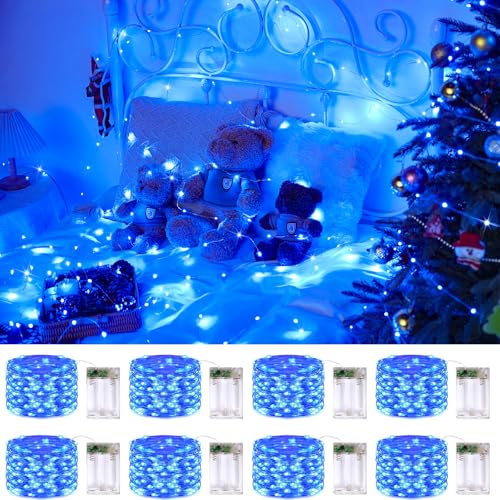 Blue LED Christmas Fairy Lights 8 Pack 50 Bulbs Battery Operated Indoor Outdoor