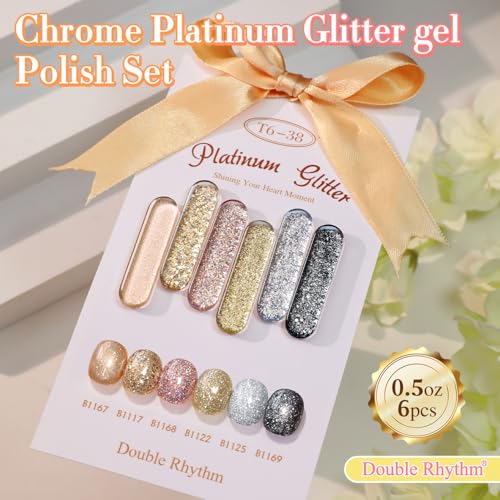 Double Rhythm Glitter Gel Polish Set - 6 Colors, 15ml Full Size Kit with Display - Platinum Glitter Variation