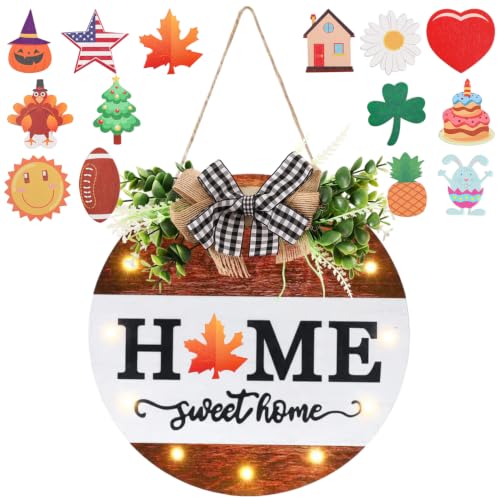Interchangeable Welcome Sign for Front Door - Middle White with 14 Changeable Icons & 12 LED Lights