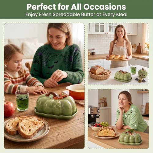 Green Pumpkin Butter Dish Set with Lid - Multi-Purpose Snack Plate for Kitchen & Holidays