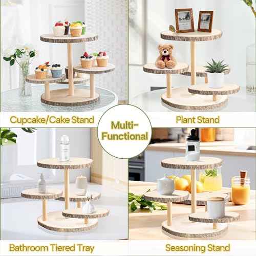 Wood 4-Tier Round Cake and Cupcake Stand Combo Rustic Wooden Dessert Display for Parties