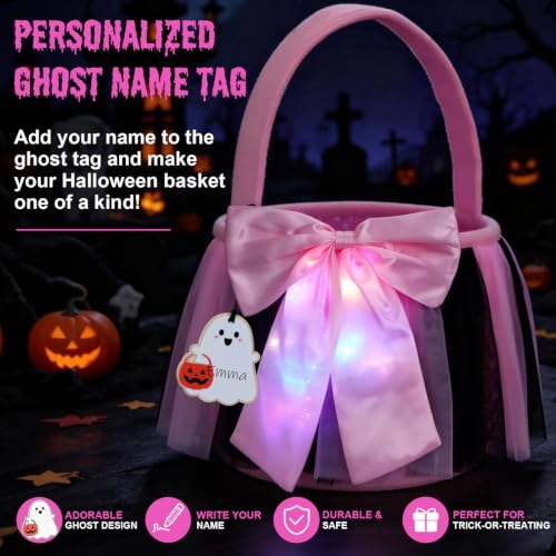Pink LED Trick or Treat Basket with Bowknot Tulle Skirt - Collapsible Reusable Halloween Candy Bag for Girls
