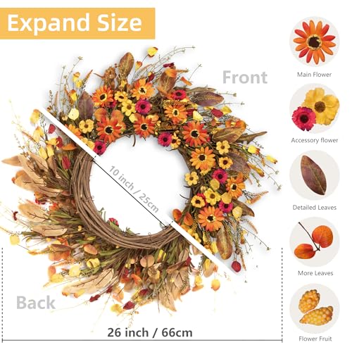 Fall Wreath for Front Door - 26 Inch Autumn Decor with Orange Daisy - Welcome Sign - Variations: Orange Daisy/Welcome Board