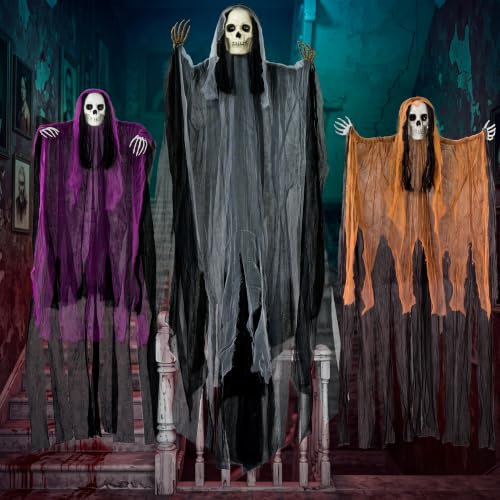 Halloween Hanging Grim Reaper Decoration Set - Tattered Skeleton & Flying Ghosts, 47 & 63 Inches, Outdoor Indoor Spooky Decor