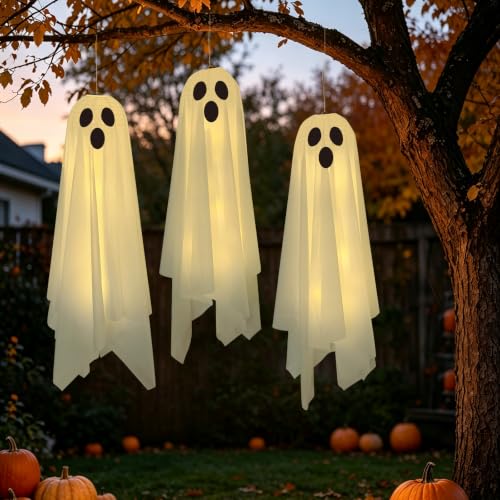Halloween Ghost Decor Light-Up Hanging Ghosts - 3 Pack, Spooky Outdoor Decor with Fairy Lights