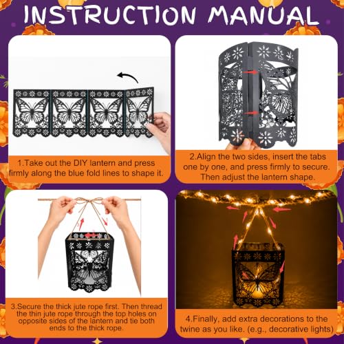 Dia De Los Muertos Paper Lantern Set - 20 Black Papel Picado Decor with Monarch Butterfly Motifs