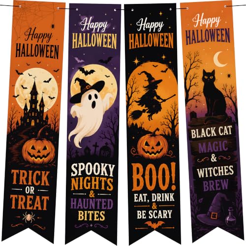 Halloween Decorations - 4 Pack Vertical Hanging Banners in Orange, Black & Purple - Spooky Party Decor