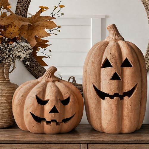 Medium Handmade Terracotta Jack-O'-Lantern Pumpkin Halloween Decor - 11"