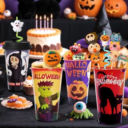 24 Halloween Party Favors Cups with Lids & Straws Bulk - Kids' Festive Drinkware - Variation of THIS listing 24