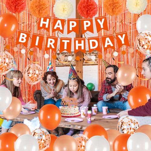 Orange Birthday Decorations Set with Banner Balloons & Curtain - Fall Halloween Party Supplies