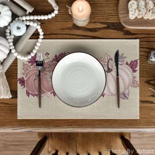Pink Pumpkin Leaves Fall Placemats Set of 4 - 12 x 18 Inch Rectangular Table Decor
