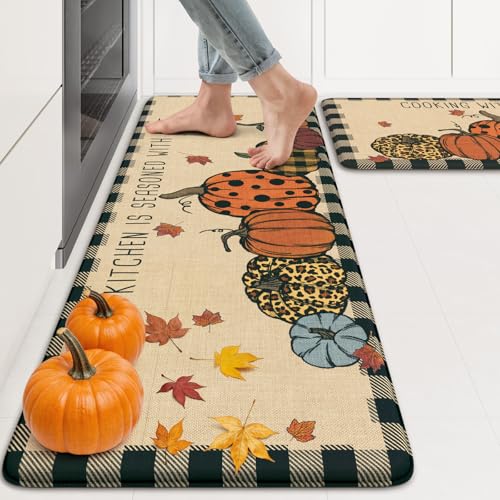 KIMODE Fall Decor Kitchen Rugs Set - Plaid & Pumpkin, Non-Slip, 2-Piece