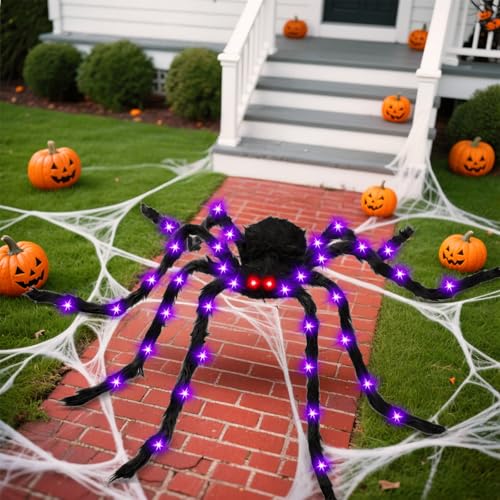 Giant Halloween Light Up Spider - Purple Glowing Hairy 6.6 FT Decoration with LED Eyes
