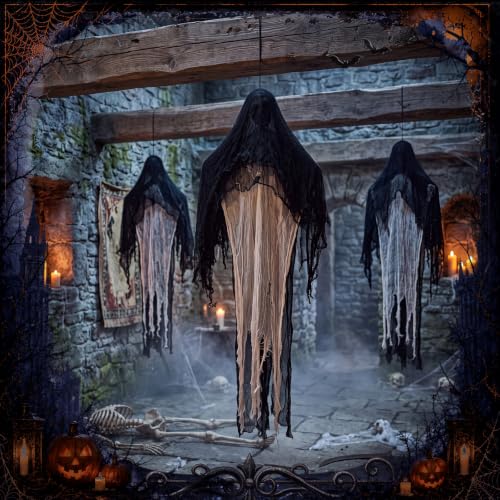Halloween Ghost Decorations Set - 3 Hanging Grim Skeleton Ghosts Outdoor Indoor