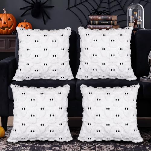 Set of 4 Halloween Ghost Pillow Covers 18x18 Plush Cushion Decor