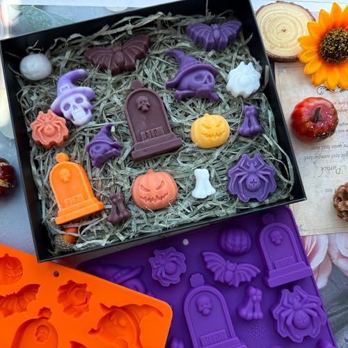 Halloween Candy Molds 2Pcs Silicone Pumpkin Skull Bat Witch Hat Gummy Cake Pop