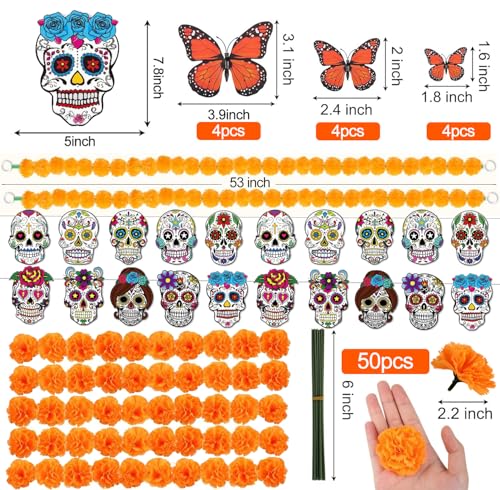 Day of the Dead Decorations Set with Marigold Garlands and Butterfly Accents - 66pcs Dia De Los Muertos Altar Decor