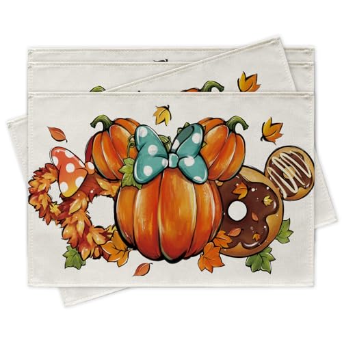 Fall Thanksgiving Placemats Set of 4 with Pumpkin Wreath Pattern - Autumn Table Decor