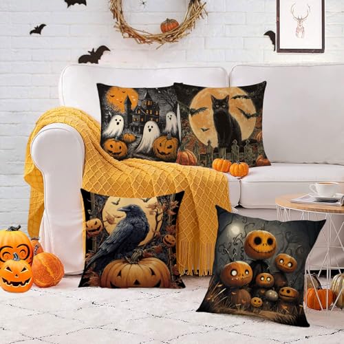 Halloween Pillow Covers Set of 4 20x20 Inch Velvet Ghost Pumpkin Cat Decor - Variation of THIS listing