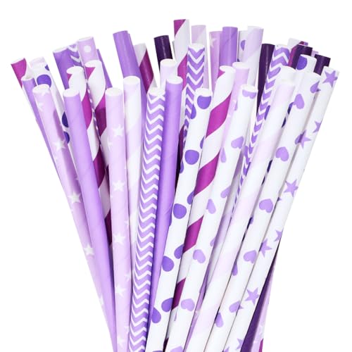 Disposable Paper Drinking Straws 50Pcs Assorted Purple for Parties & Celebrations - Mixed Design