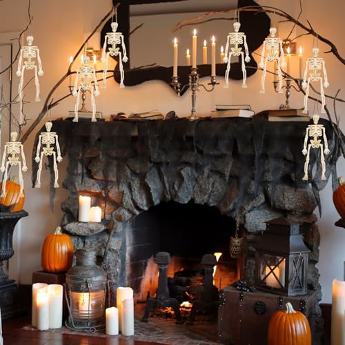 Mini Skeleton Figurines Set - 8 Plastic Halloween Decorations with Jute Rope