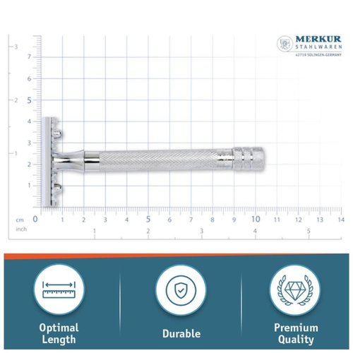 MERKUR 25C Double Edge Safety Razor in Bright Chrome with an Open Comb Design, Long Handle, Made in Germany, Plastic-Free, Three-Piece Design, and Straight Bar