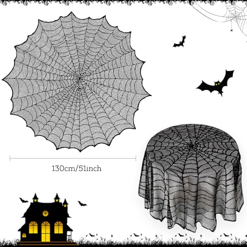 Spiderweb Lace Halloween Tablecloth - 51 Inch Round Black Indoor Decor