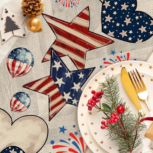 4th of July Fireworks Table Runner - Patriotic Linen Decor with Hearts Variation