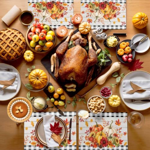 Orange & Black Fall Placemats Set of 6 - Non Slip Washable Farmhouse Table Mats