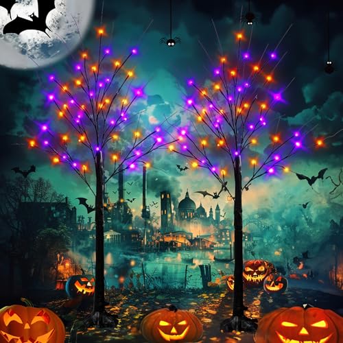 LED Halloween Birch Tree Lights 4FT 96 LEDs Purple & Orange Waterproof Indoor Outdoor Decor