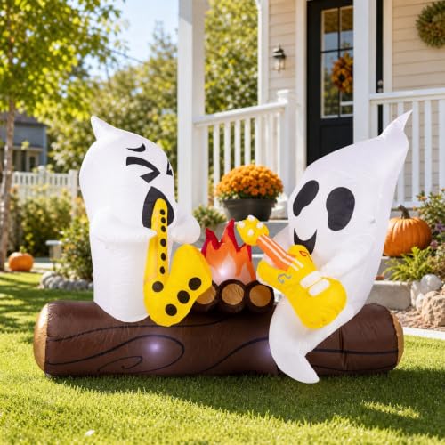 6 Ft Halloween Inflatable Ghosts with Built-In LED Lights and Campfire Music Decor