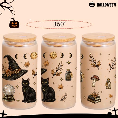 Halloween Glass Cup with Lid & Straw - 16oz Witch Design, Gift Set