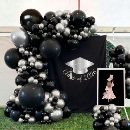 Black Silver Balloons Set - 12 Inch, 100 Pack with Ribbons - Variation of Black Silver
