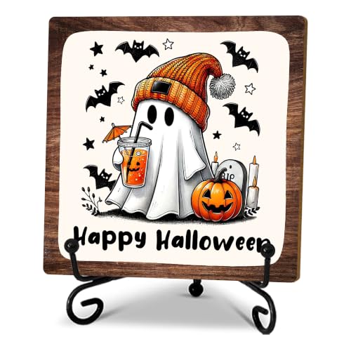 Cute Ghost Halloween Wooden Plaque with Metal Support - Home & Office Decor