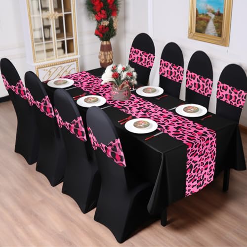 Pink Leopard Print Stretch Chair Sash Set with 6 Table Runners - Elegant Banquet Decoration