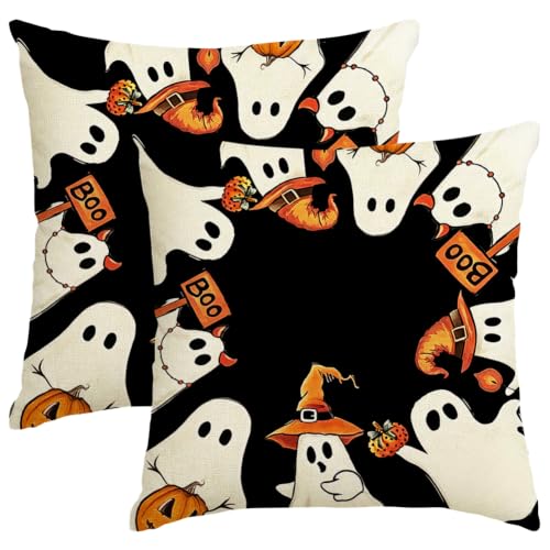 Halloween Ghost Pillow Covers 20x20 Set of 2 Black White Decor - Ghost Boo