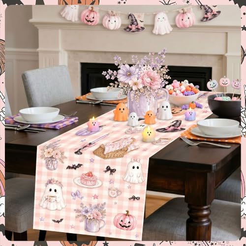 Pink Halloween Ghost Table Runner - Cute Gingham Party Decor, 13x72 inches - Variation of Pink Ghost