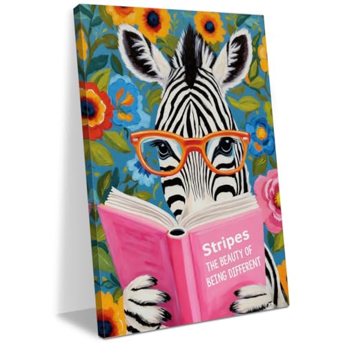 Zebra Reading Wall Art Canvas Print - Animal Book Lovers Gift - Variation of Zebra Reading 538