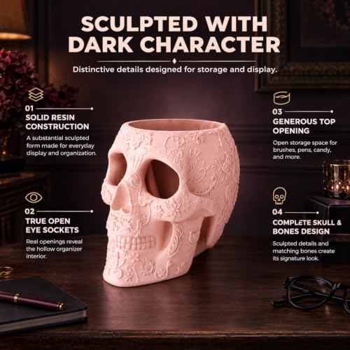 Pink Skull Makeup Brush Holder - Large Resin Pen & Vanity Organizer
