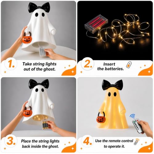 Large 14-Inch Lighted White Ghost Figurine with Pumpkin Lantern & Remote Timer - Halloween Decor Variation of Ghost with Pumpkin-White