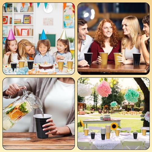 Black & Gold Disposable Plastic Cups 16oz - 100 Pack for Parties & Events
