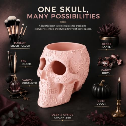 Pink Skull Makeup Brush Holder - Large Resin Pen & Vanity Organizer