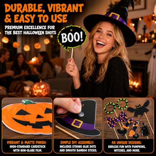 Halloween Photo Booth Props Kit - 30PCS with Stickers & Glue Dots - Pumpkin, Witch Hat, Skull, Bat, Spider - 46 Variation