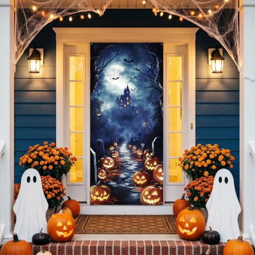 Halloween Door Cover - Large Spooky Pumpkin Castle Bat Backdrop Decor 35x79 Inches