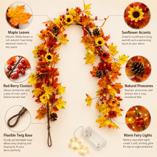 Fall Leaf Garland with Lights - 13.2ft Autumn Decor for Indoor & Outdoor
