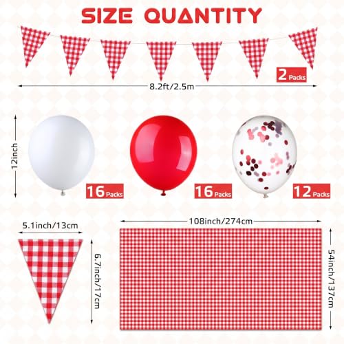 Gingham Party Supplies Set with Tablecloths Balloons & Flags - Red & White