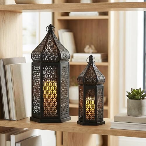 Set of 2 Black Moroccan Lanterns - 11 Inch & 15 Inch Indoor Outdoor Decor