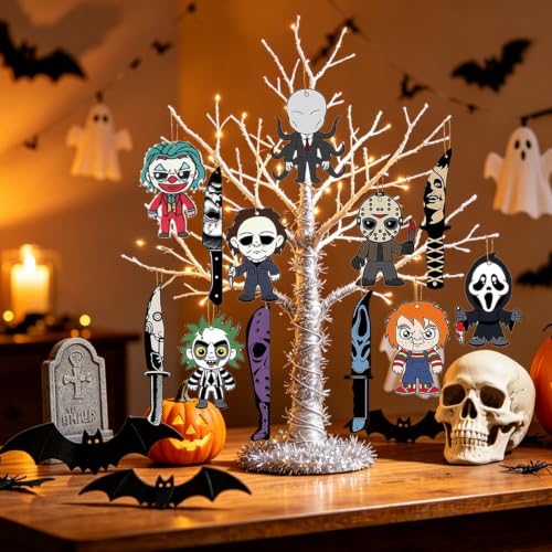 Halloween Tree Decorations 24 Pcs Wooden Ornaments Horror Movie Gift Set