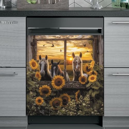 Farm Horse Magnetic Dishwasher Cover - Sunflower Butterfly Design, 23x26 Inch, Rustic Kitchen Decor